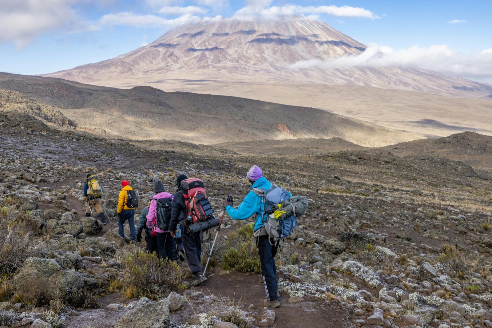 Hikers exploring the rugged trails of Mount Kilimanjaro, Tanzania, surrounded by stunning vistas.