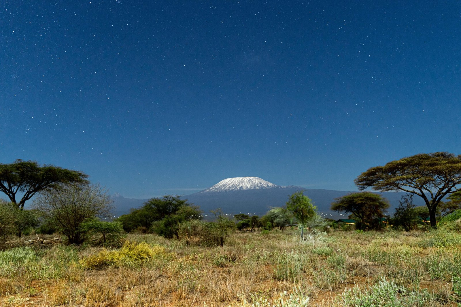 Stars Over Mount Kilimanjaro Panoramic Night Scenery Of Snow Capped Highest African Mountain Lit By Full Moon Against Deep Blue Night Sky With Stars